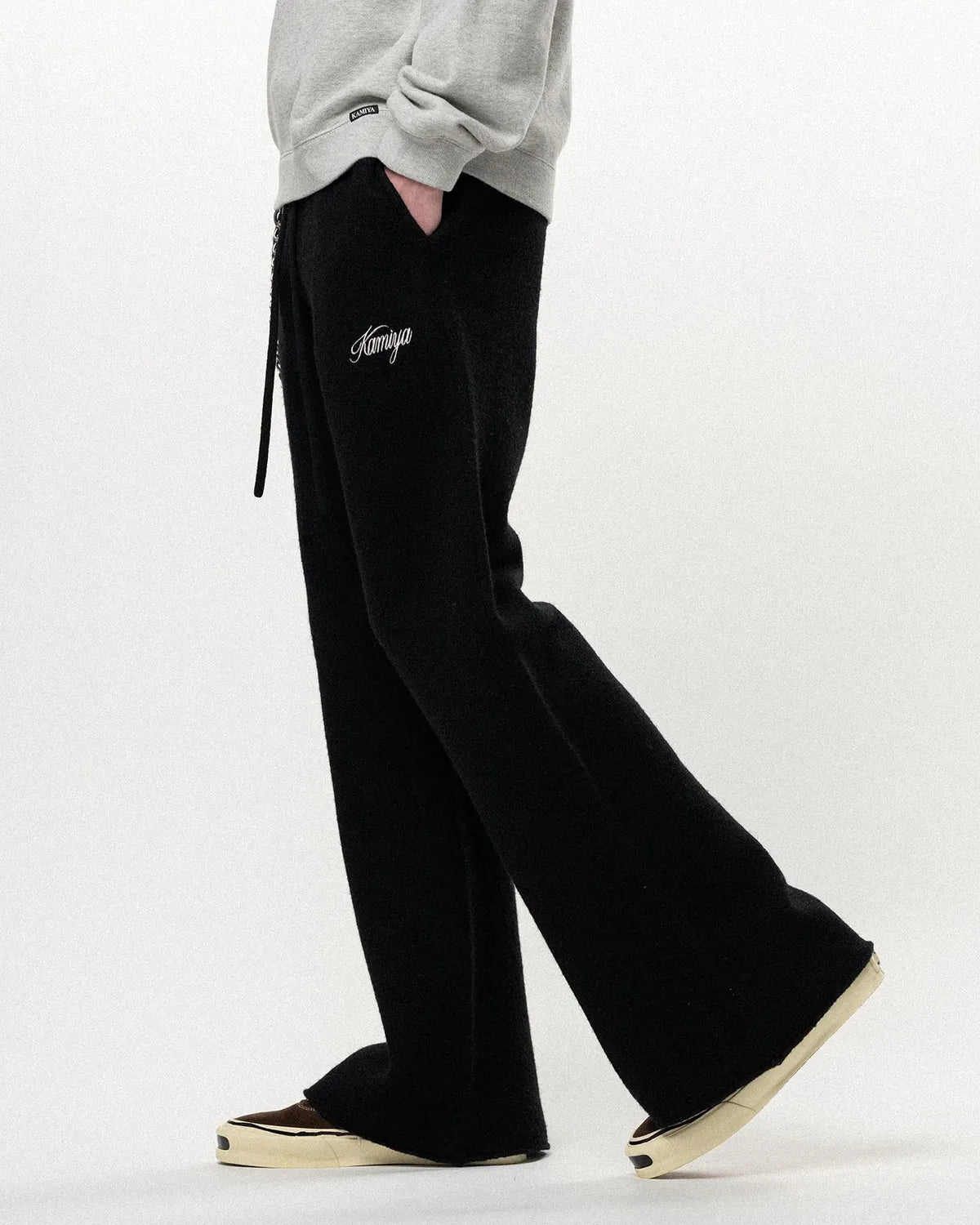 KAMIYA / Embroidered Felted Wool Knit Bootcut Pants (G17PT084)