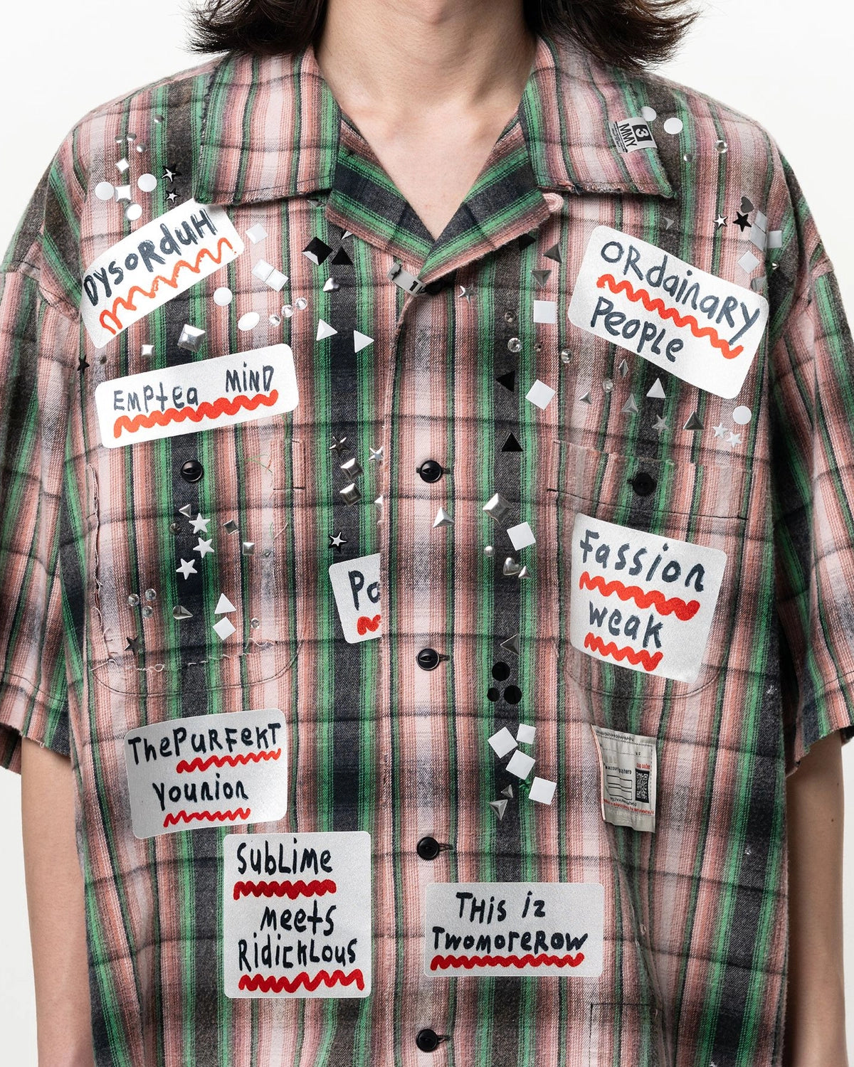 Maison MIHARA YASUHIRO / Embellished Sticker Short Sleeve Check Shirt (A16SH087)