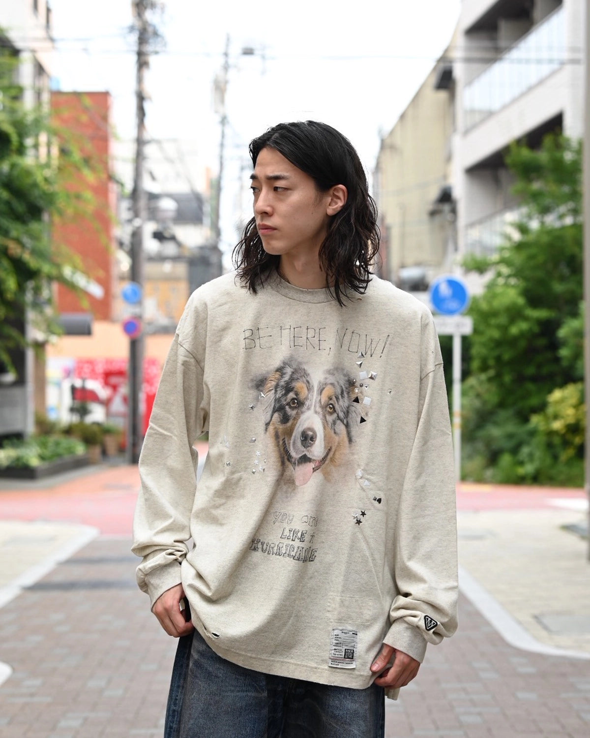 Maison MIHARA YASUHIRO / Dog Printed Embellished Distressed Long Sleeve T-shirt (J15LT751)