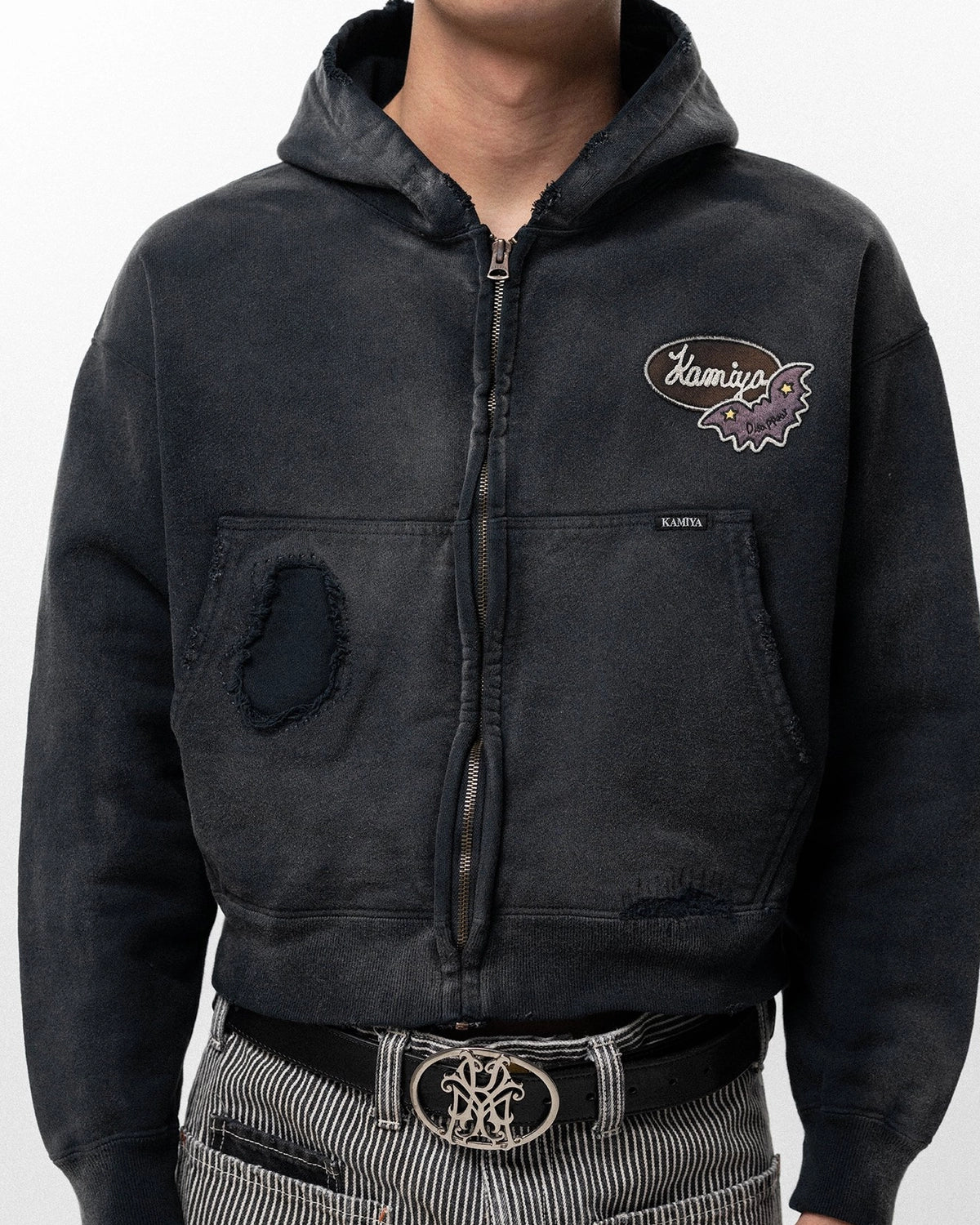 KAMIYA / Repaired Name Patch Zip Short Hoodie (G16HD070)