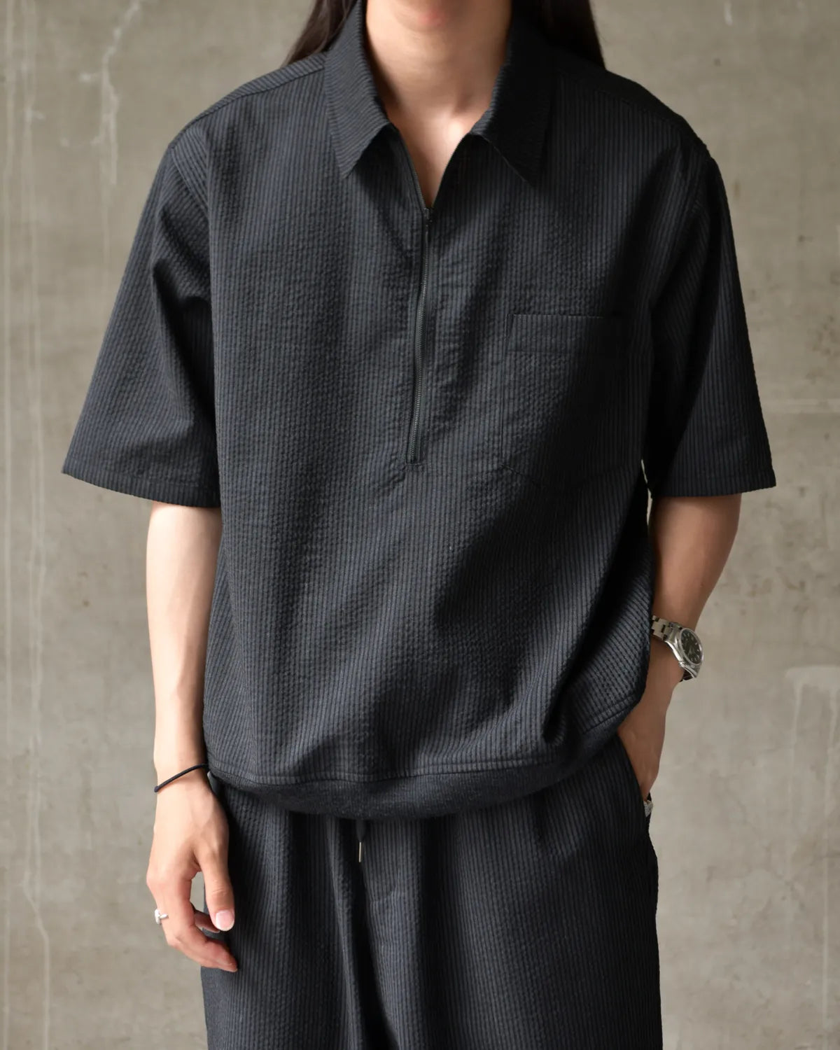 marka / Wool seersucker / Half Zip Shirt (M26B03SH01B)