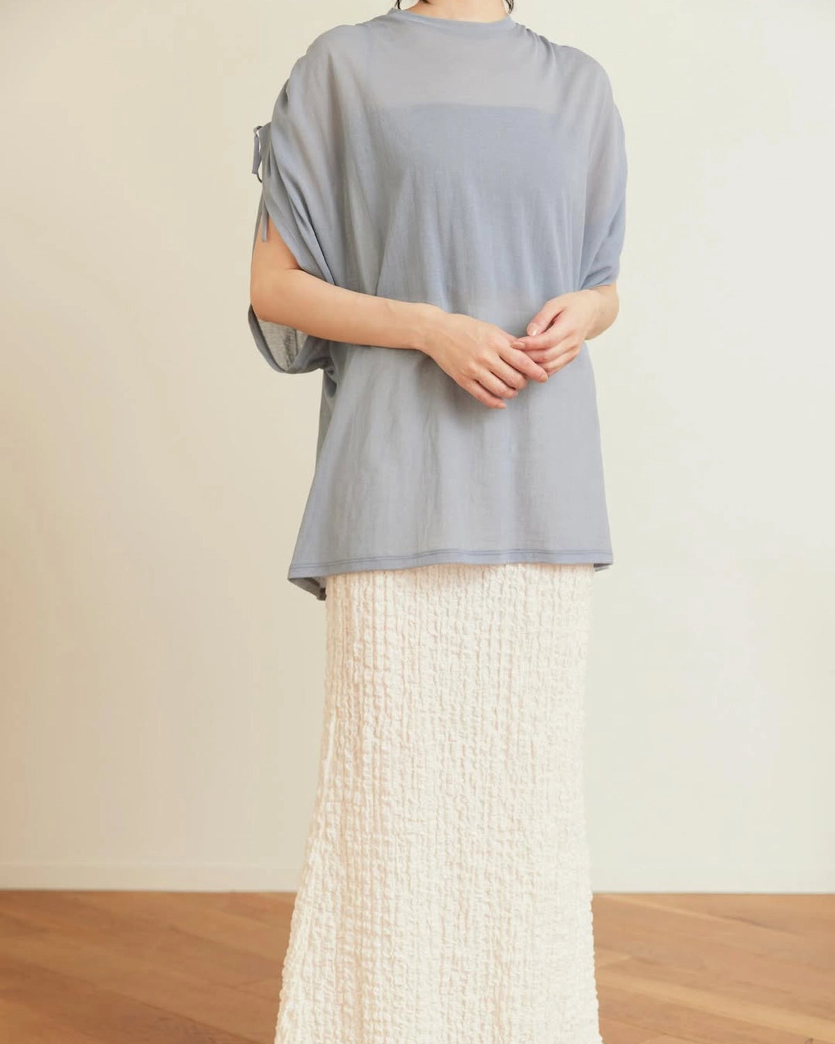 PHEENY / Sheer Jersey Gathered Shoulder Top (PS26-CS23)