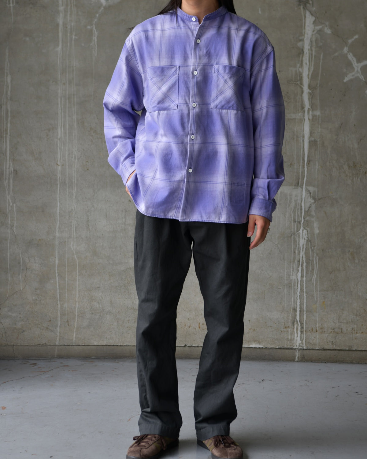 NONNATIVE / OFFICER STAND COLLAR L/S SHIRT COTTON TWILL OMBRE CHECK by Rafu (NN-S4806)