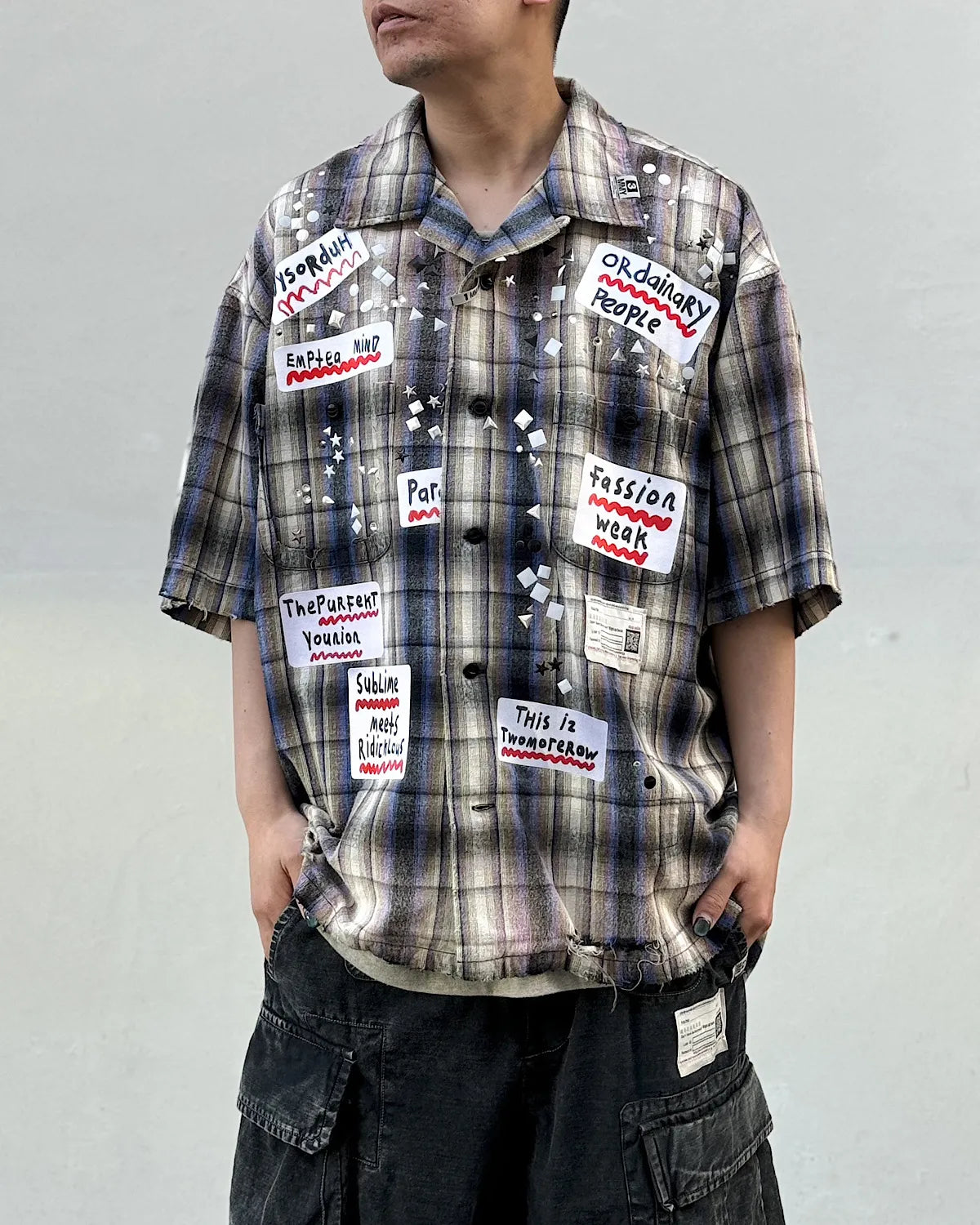 Maison MIHARA YASUHIRO / Embellished Sticker Short Sleeve Check Shirt (A16SH087)