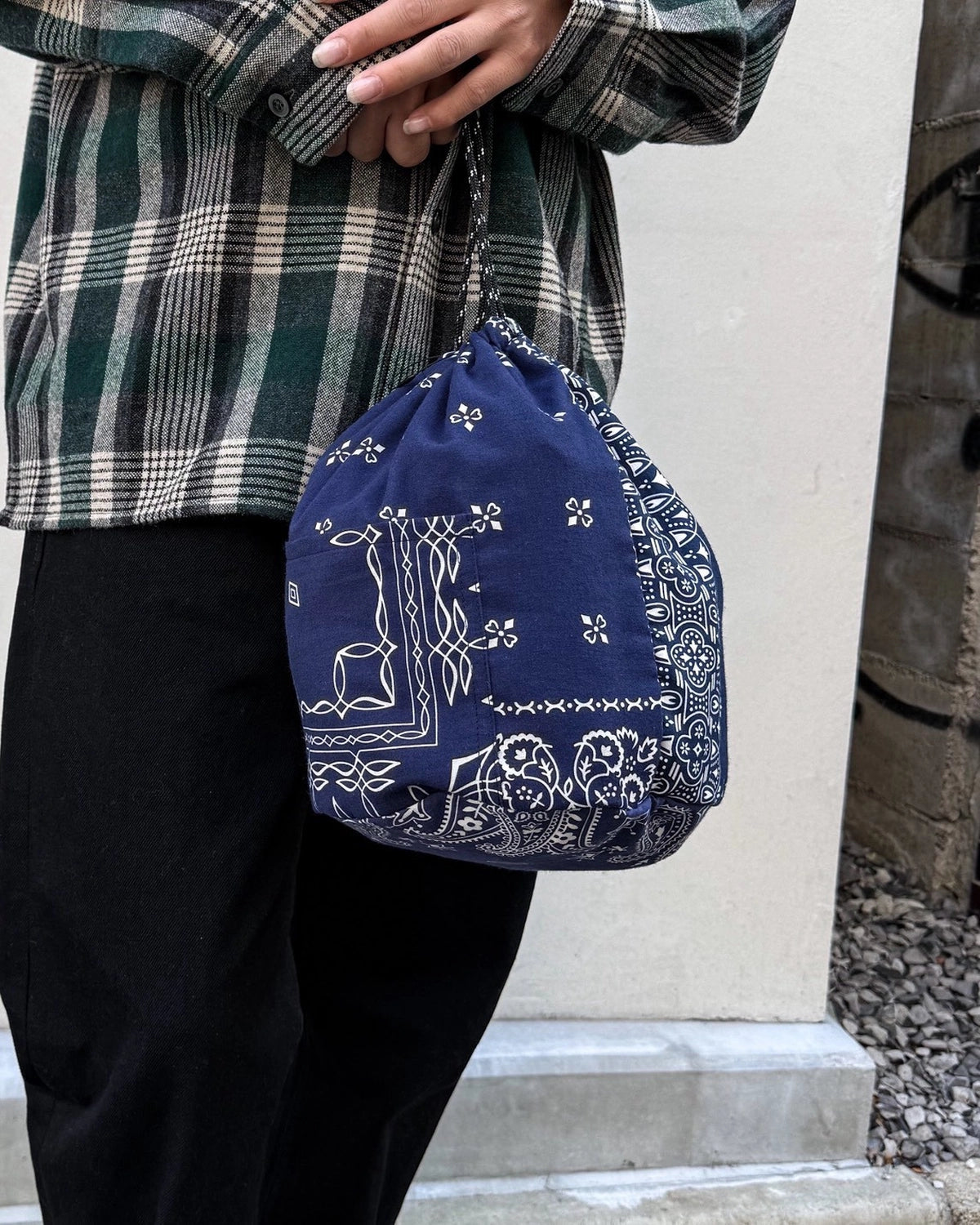 MIYAGIHIDETAKA -Rafu- / Patchwork Drawstring Bag / NAVY (MH061)