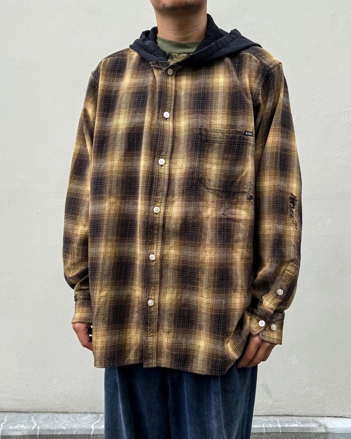 KAMIYA / OG Check Sun-Faded Hooded Shirt (G17SH039)