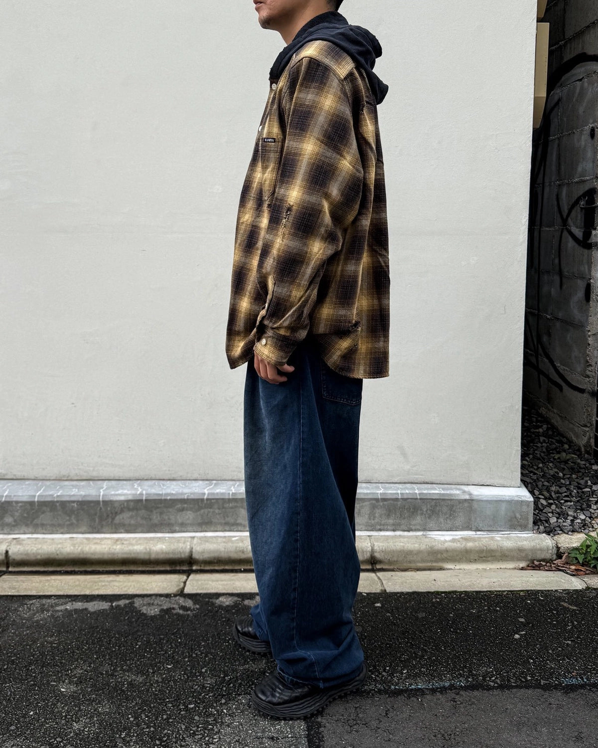 KAMIYA / OG Check Sun-Faded Hooded Shirt (G17SH039)