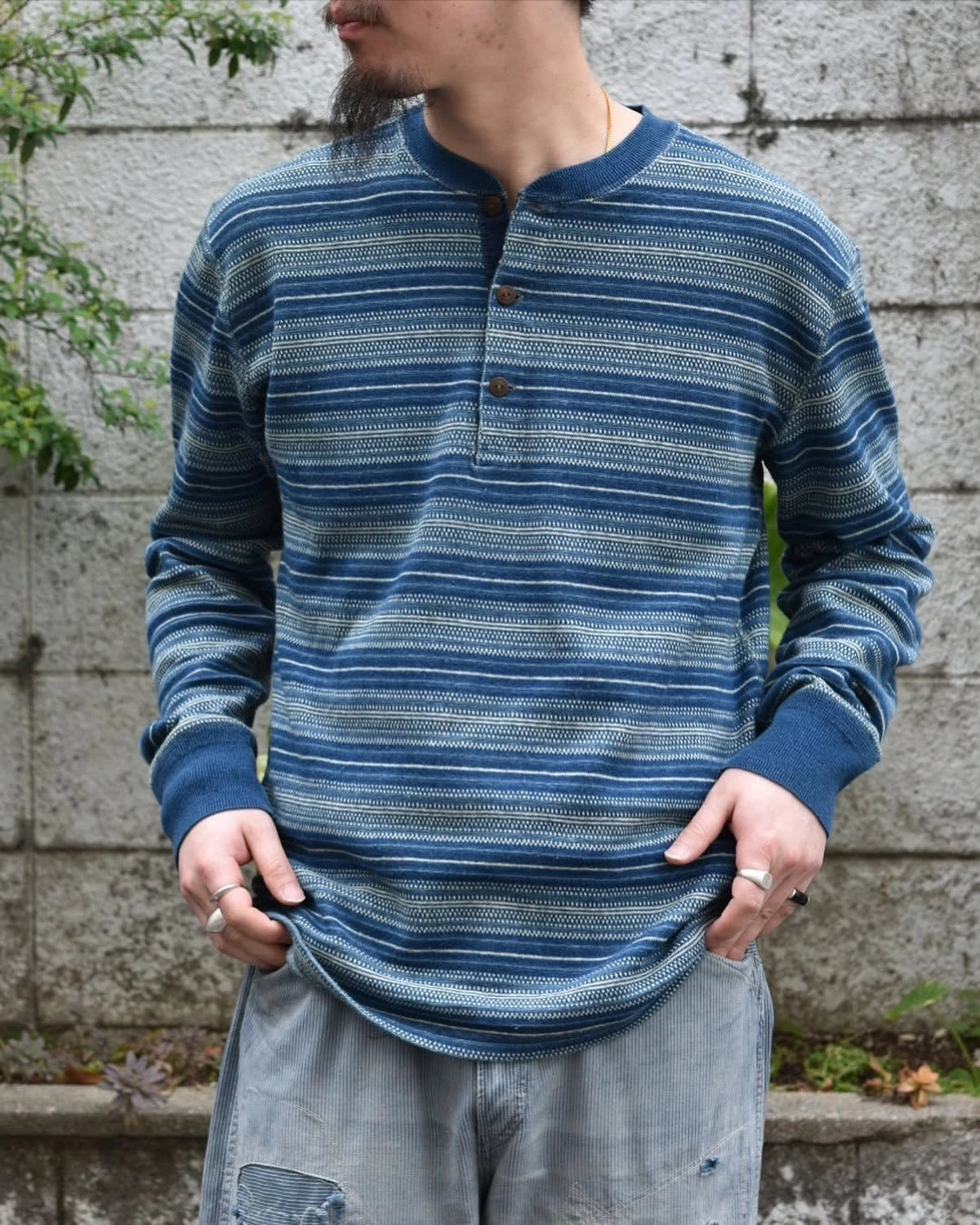 RRL / インディゴ ストライプド ジャカード ヘンリー シャツ (1441MNRRKNI16820192)