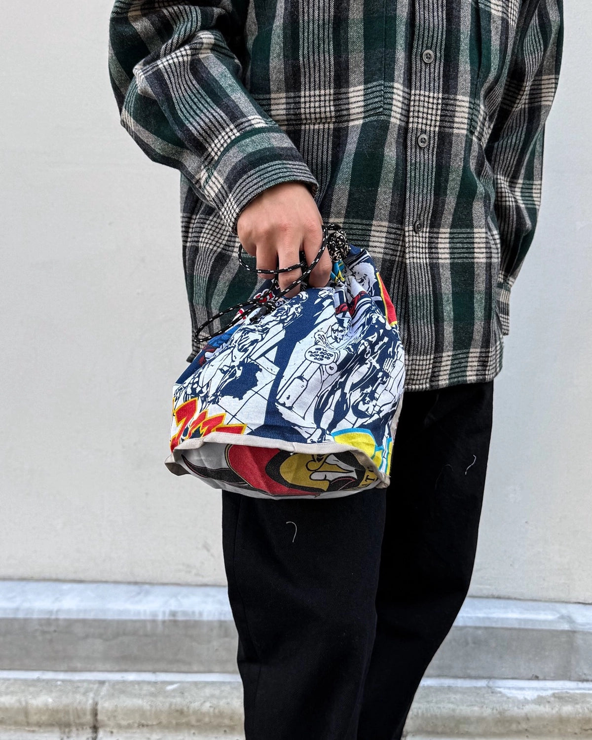 MIYAGIHIDETAKA -Rafu- / Patchwork Drawstring Bag / BLACK-3 (MH061)