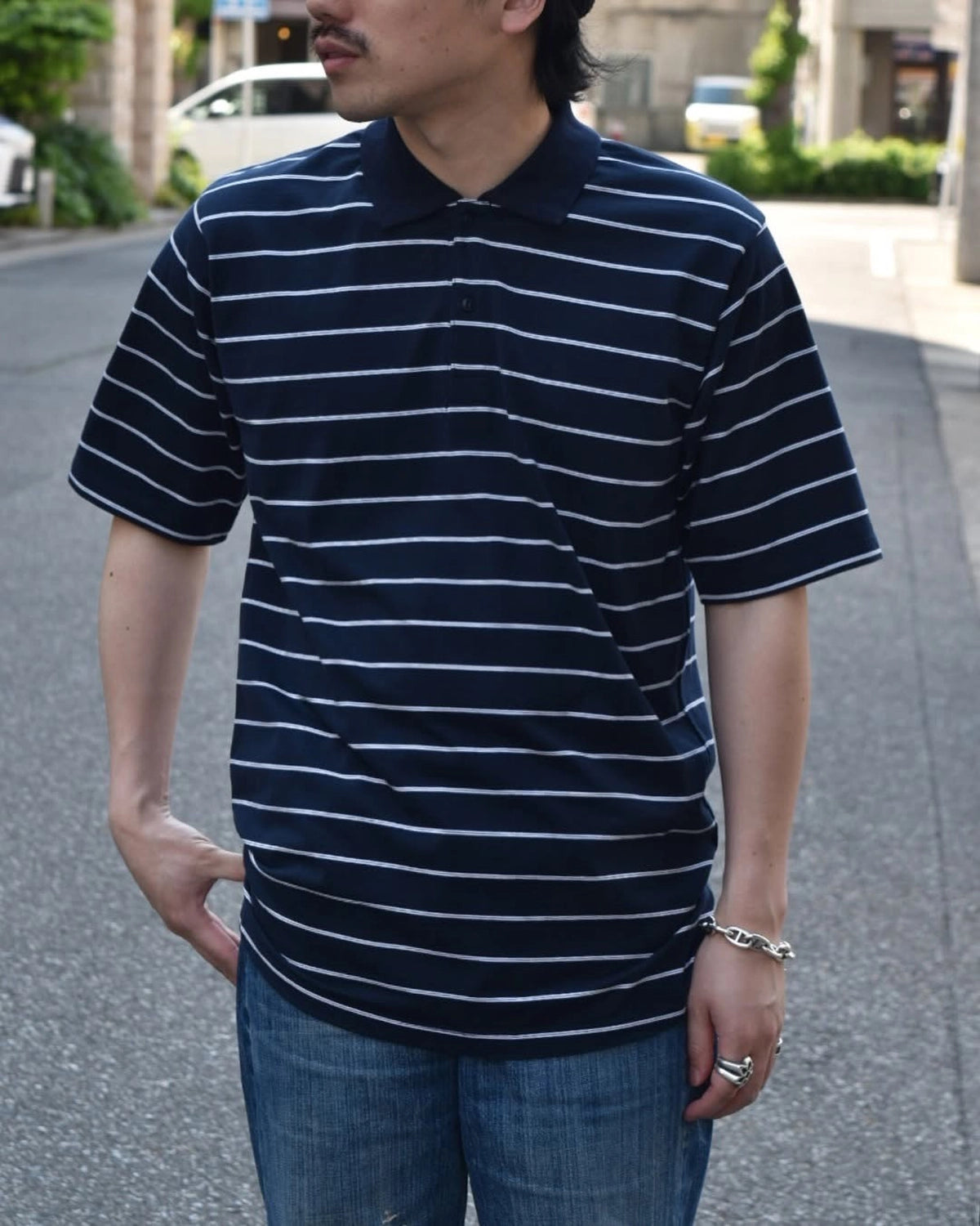 NONNATIVE / OFFICER S/S POLO SHIRT BORDER COTTON JERSEY (NN-C4613)