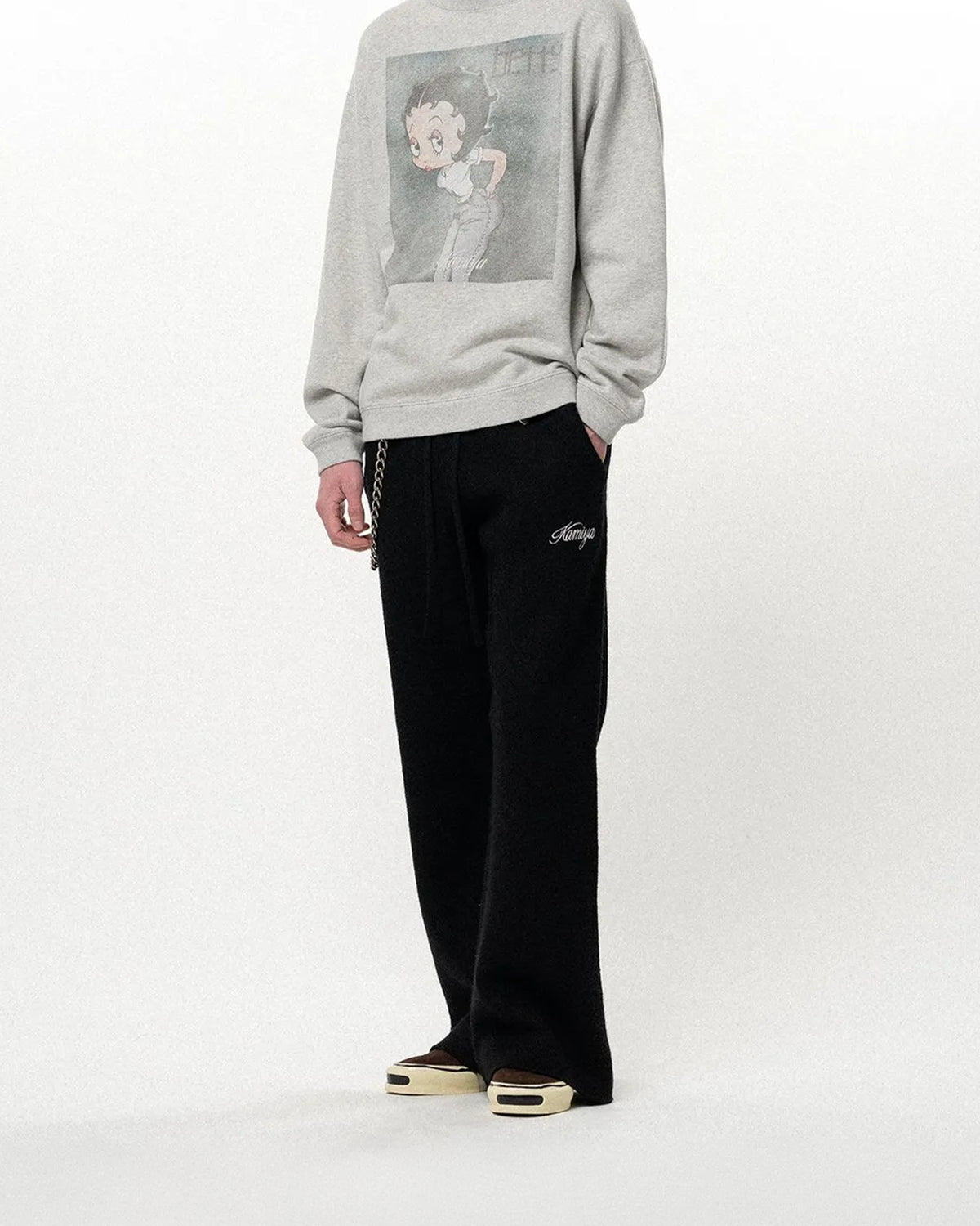 KAMIYA / Embroidered Felted Wool Knit Bootcut Pants (G17PT084)