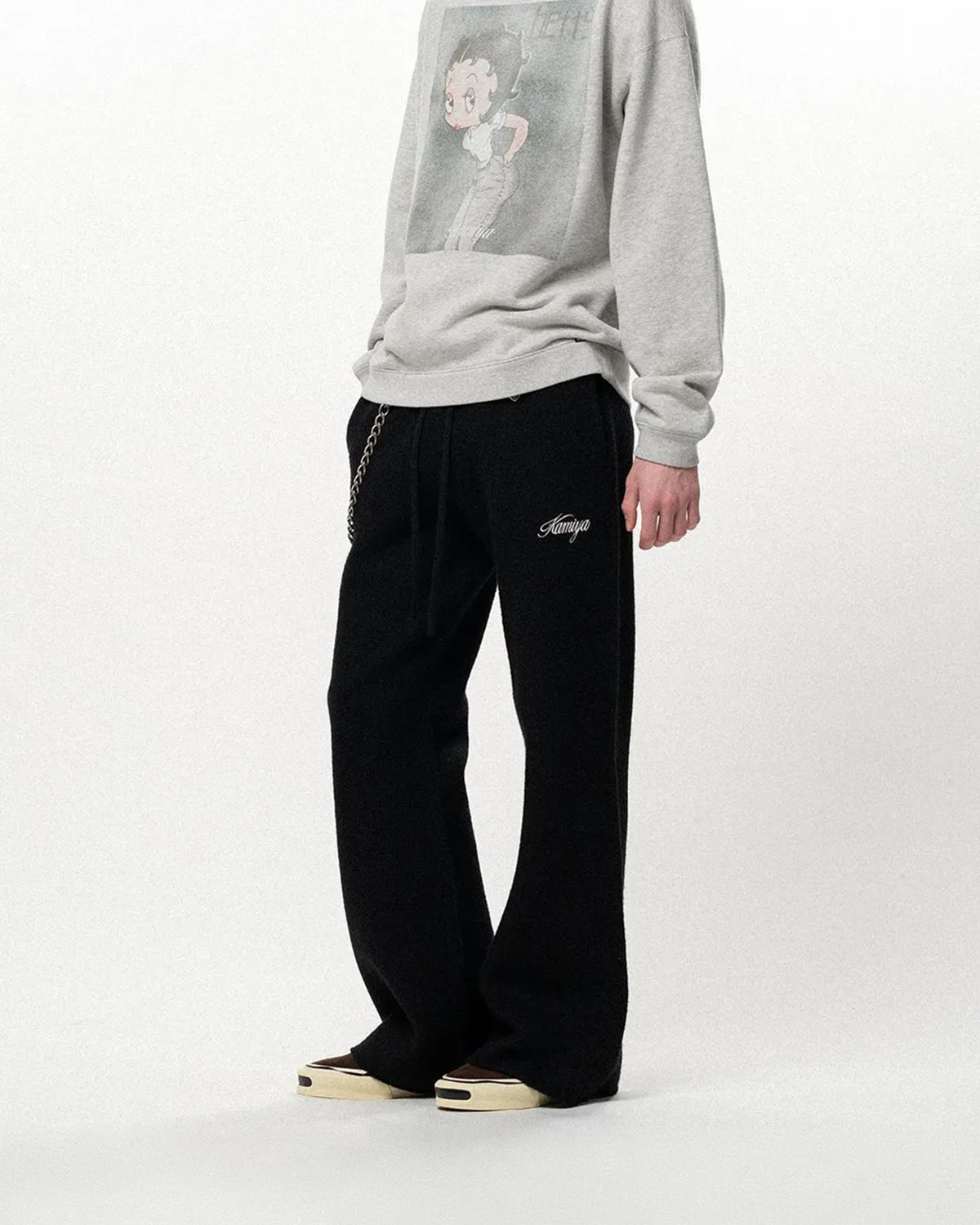 KAMIYA / Embroidered Felted Wool Knit Bootcut Pants (G17PT084)