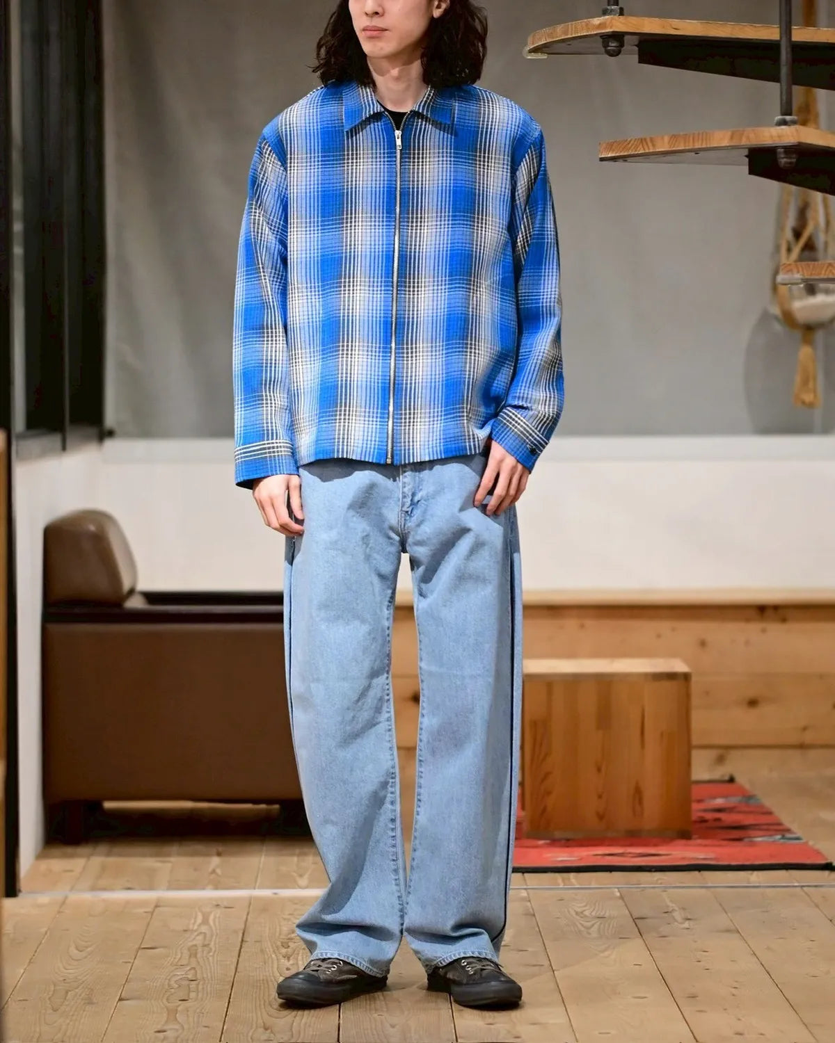 LAD MUSICIAN / COTTON FLANNEL CHECK FRONT ZIP SHIRT (2126-109)