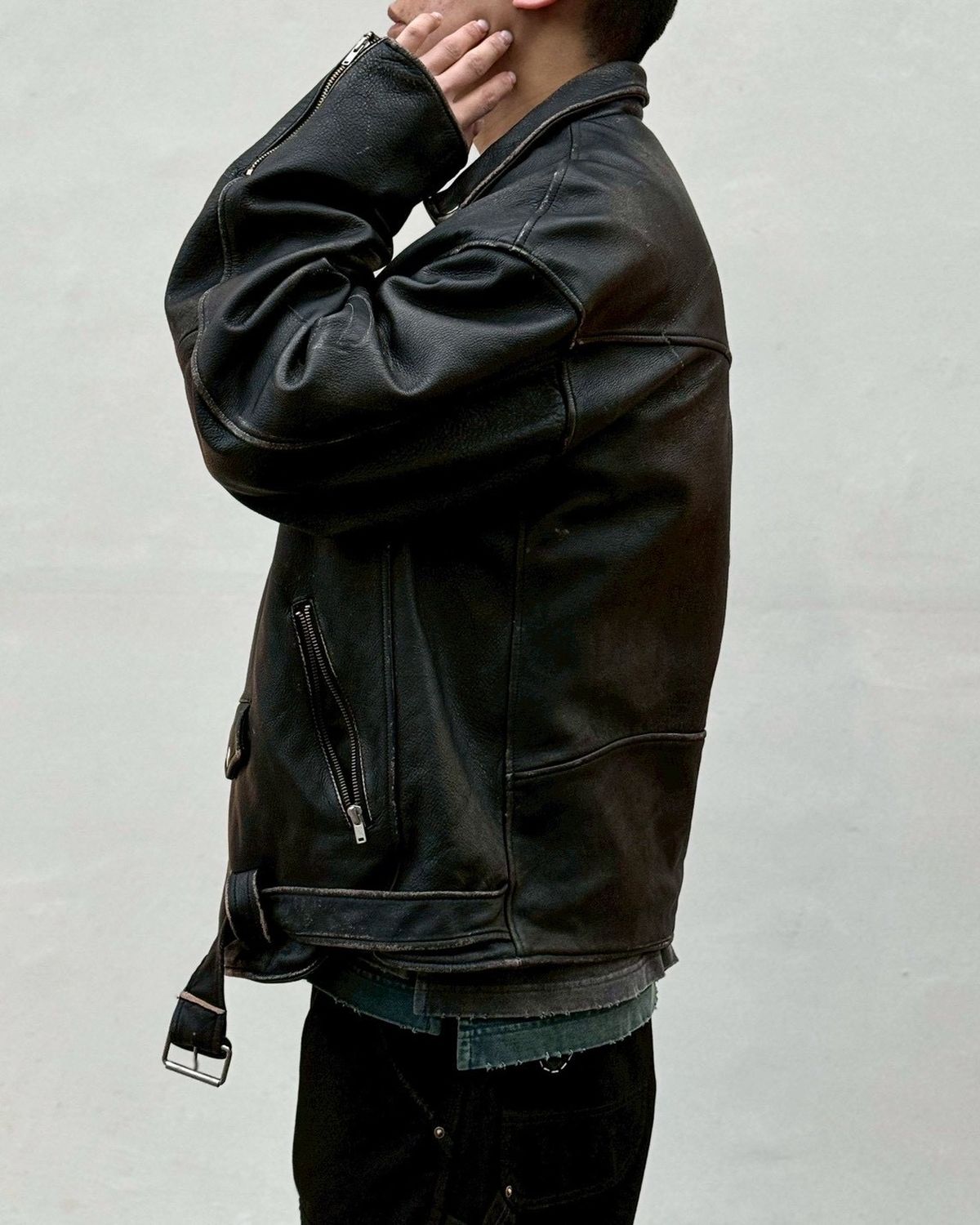 KAMIYA / Distressed Leather Biker Jacket (G16BL011)