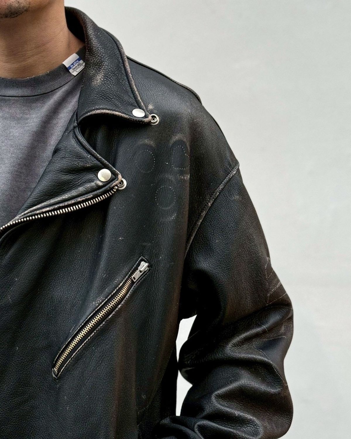 KAMIYA / Distressed Leather Biker Jacket (G16BL011)