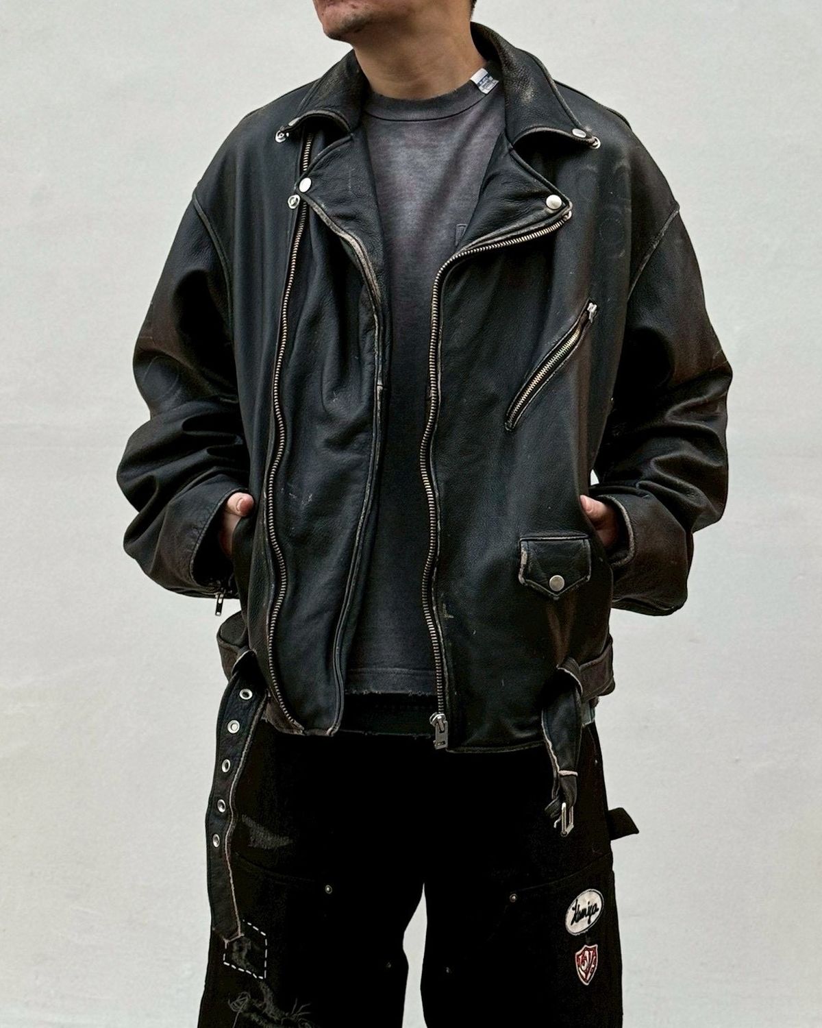 KAMIYA / Distressed Leather Biker Jacket (G16BL011)
