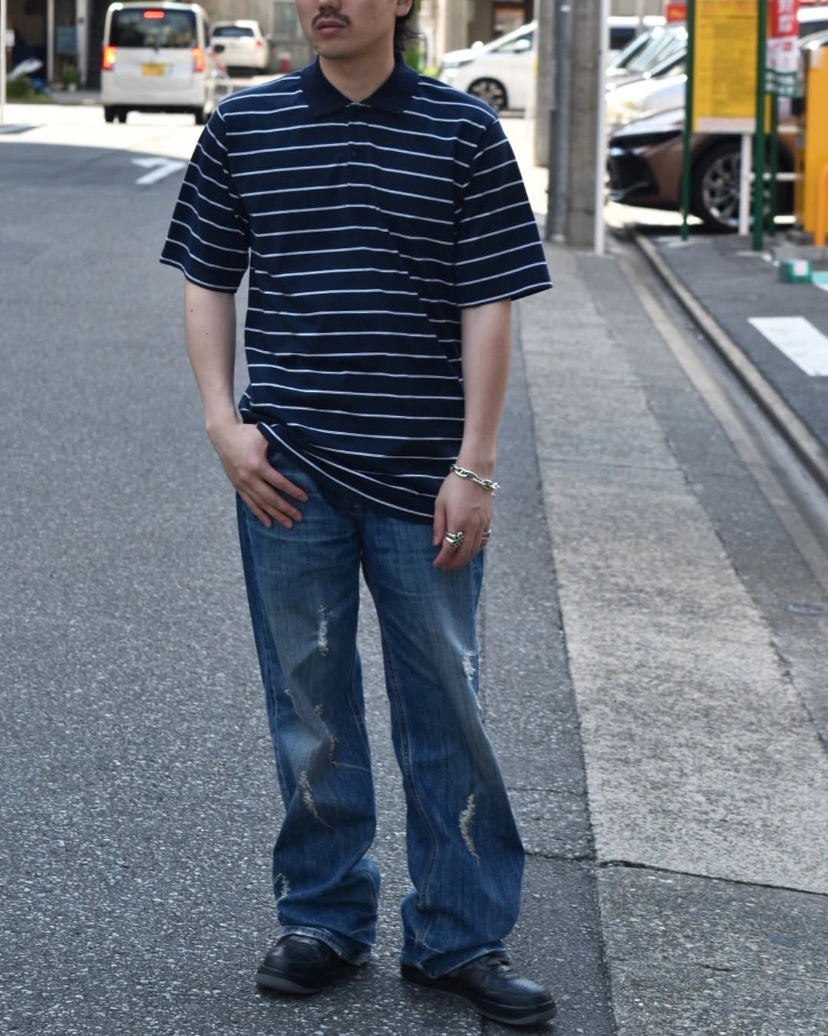 NONNATIVE / OFFICER S/S POLO SHIRT BORDER COTTON JERSEY (NN-C4613)