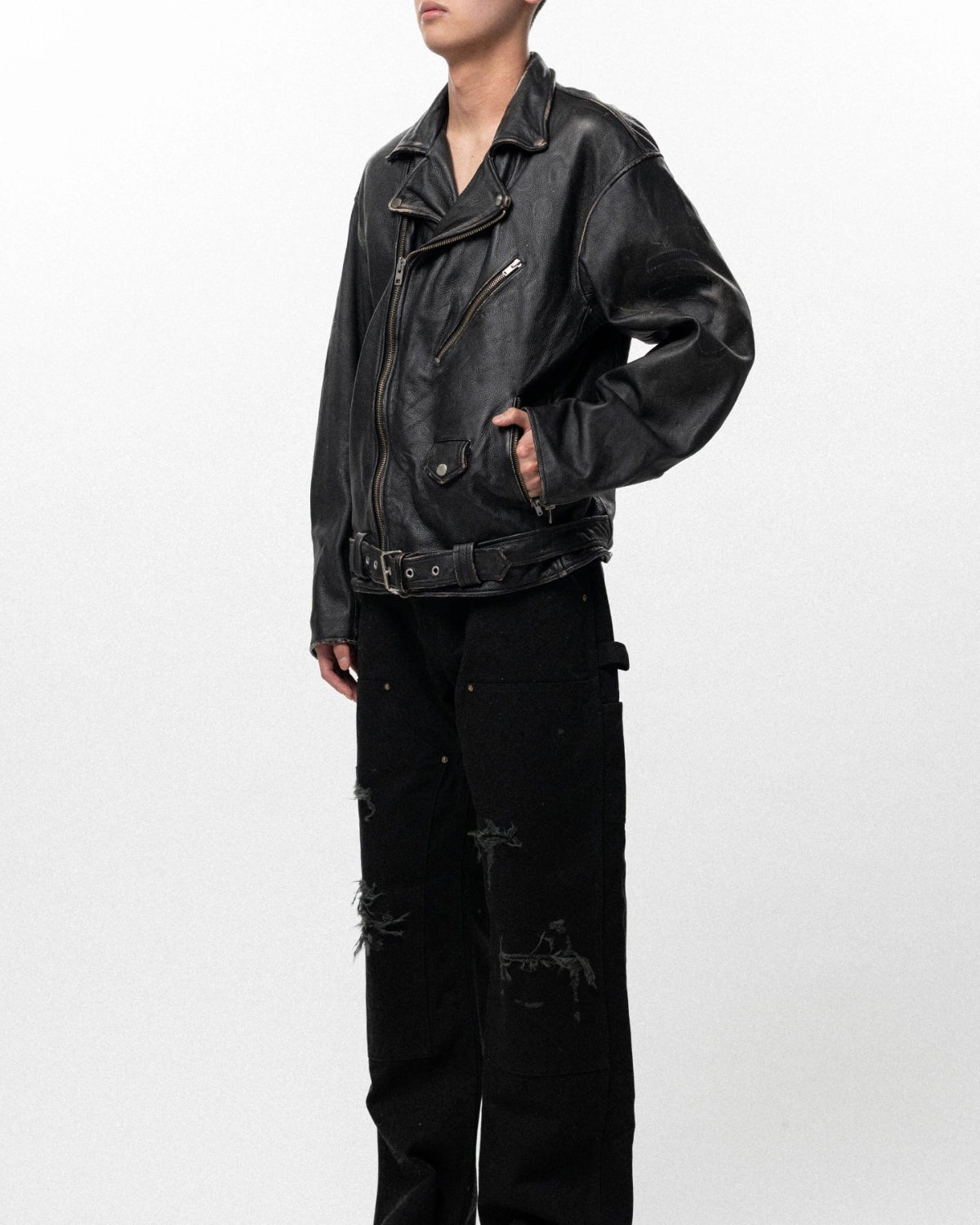 KAMIYA / Distressed Leather Biker Jacket (G16BL011)