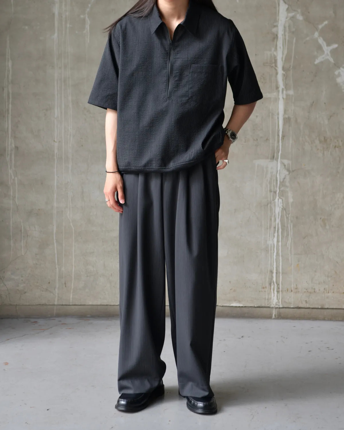 marka / Wool seersucker / Half Zip Shirt (M26B03SH01B)