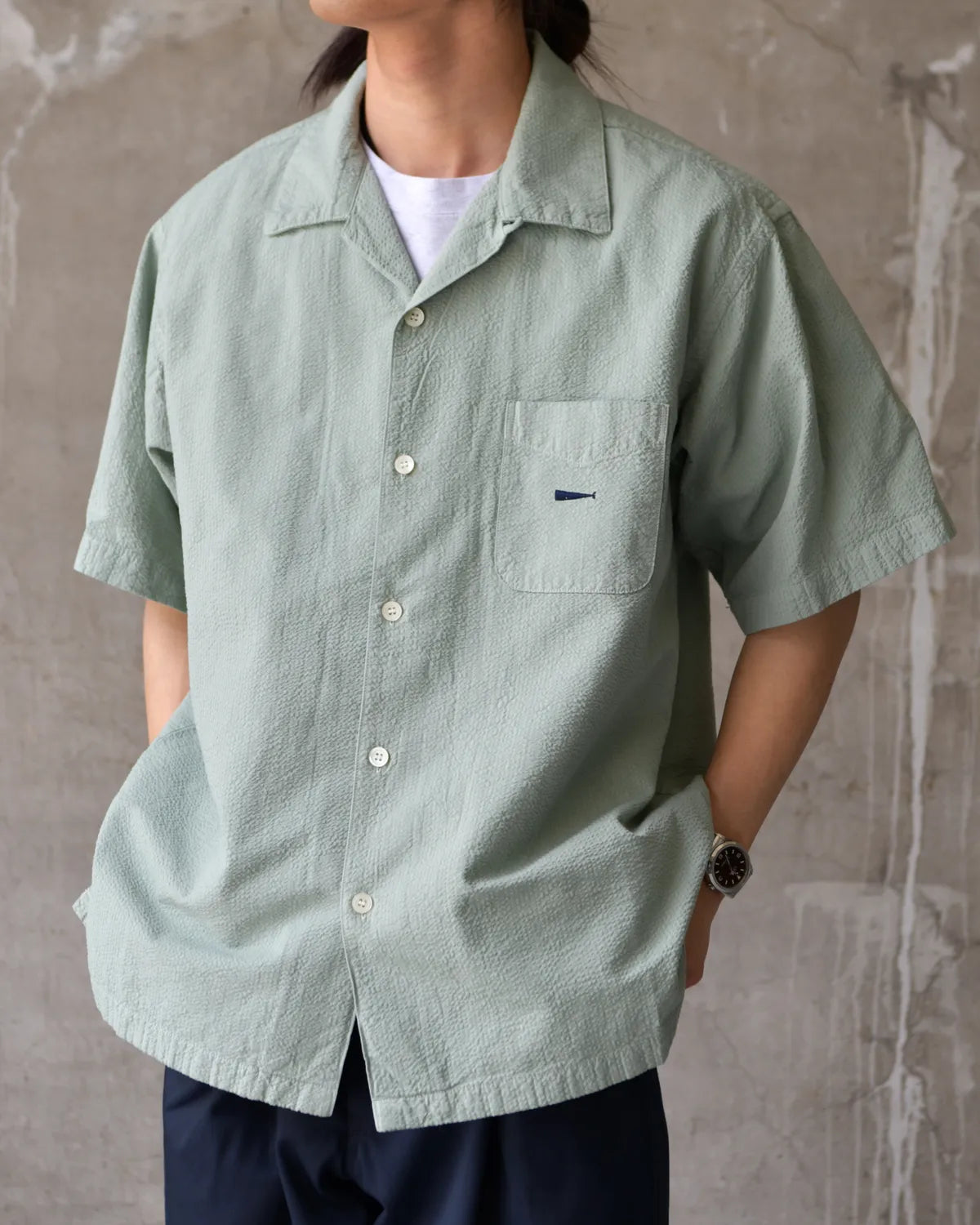 DESCENDANT / S WIND OPEN COLLAR SEERSUCKER SS SHIRT (261WVDS-SHM05)