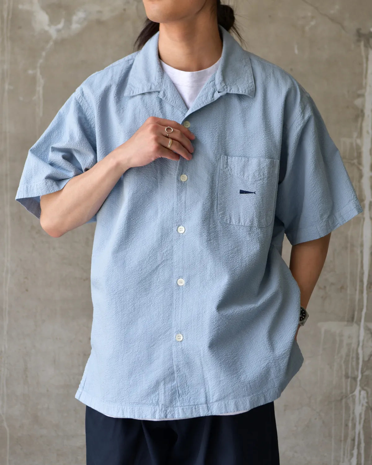 DESCENDANT / S WIND OPEN COLLAR SEERSUCKER SS SHIRT (261WVDS-SHM05)