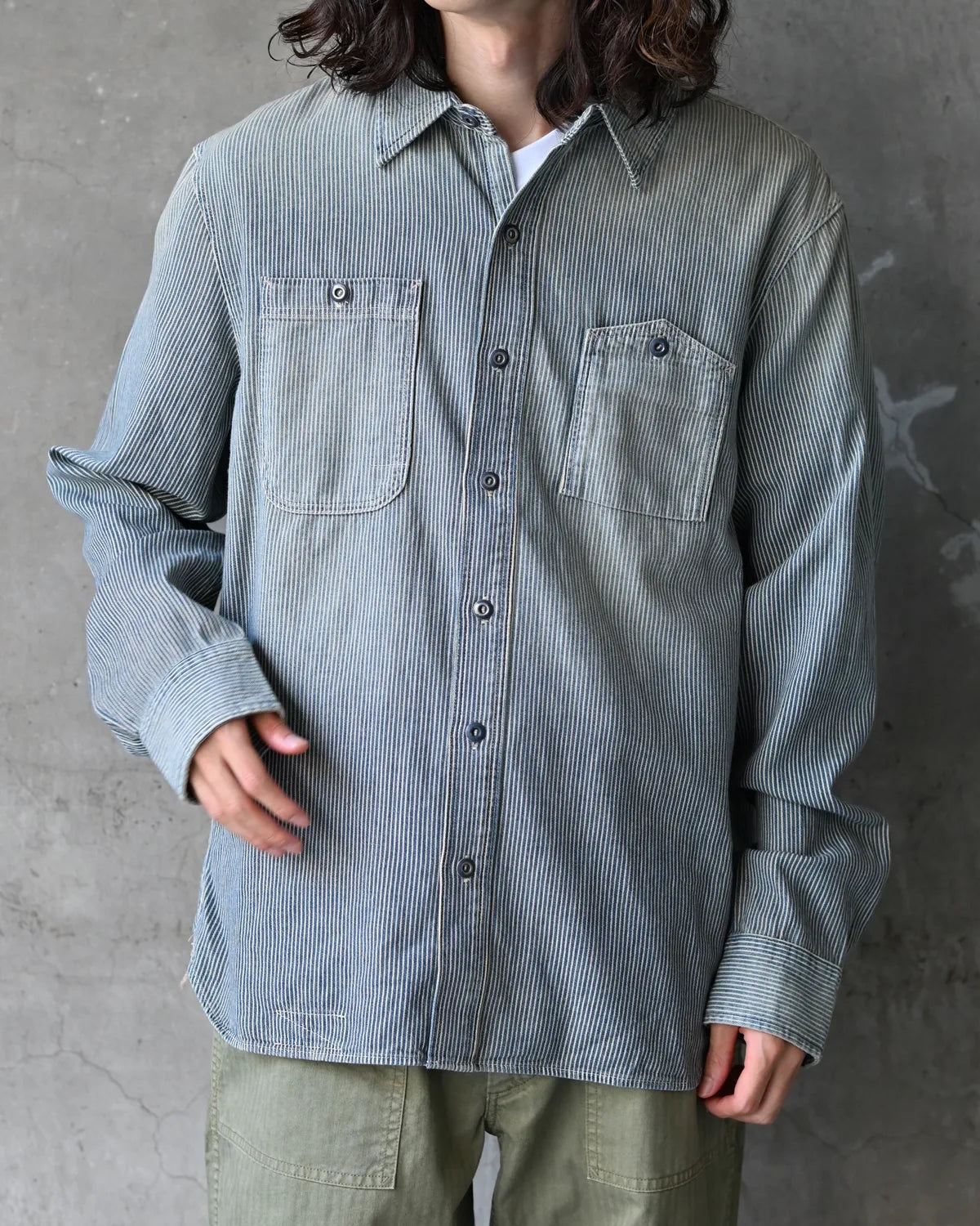 RRL / インディゴ ストライプド ツイル ワークシャツ (MNRRWOV16820430)