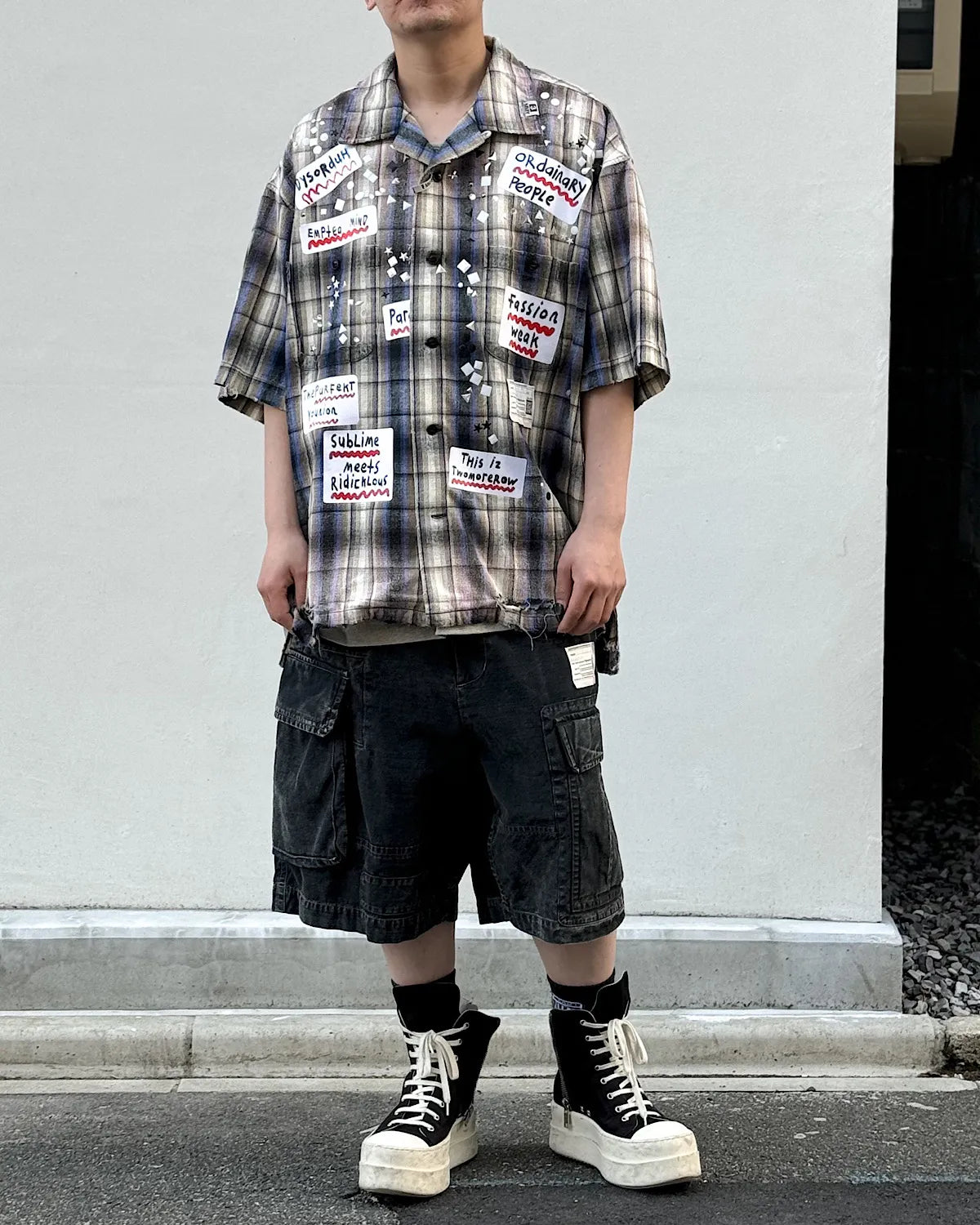 Maison MIHARA YASUHIRO / Embellished Sticker Short Sleeve Check Shirt (A16SH087)