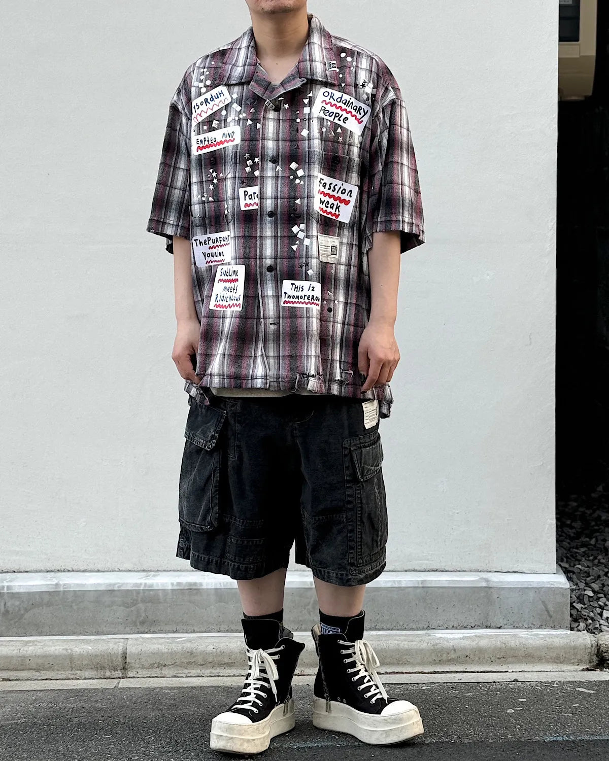 Maison MIHARA YASUHIRO / Embellished Sticker Short Sleeve Check Shirt (A16SH087)