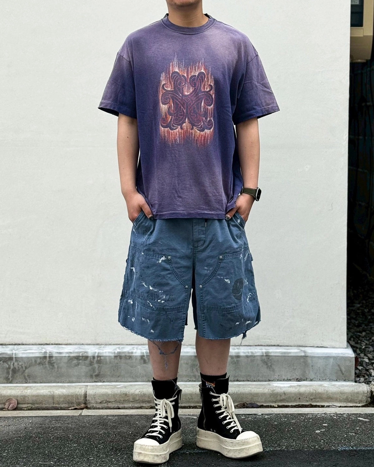 KAMIYA / "CRAYON FLAME" Distressed T-shirt (G16TS085)