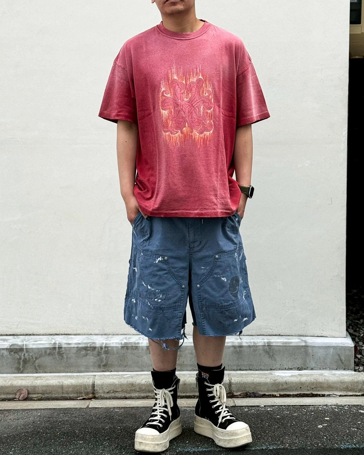 KAMIYA / "CRAYON FLAME" Distressed T-shirt (G16TS085)