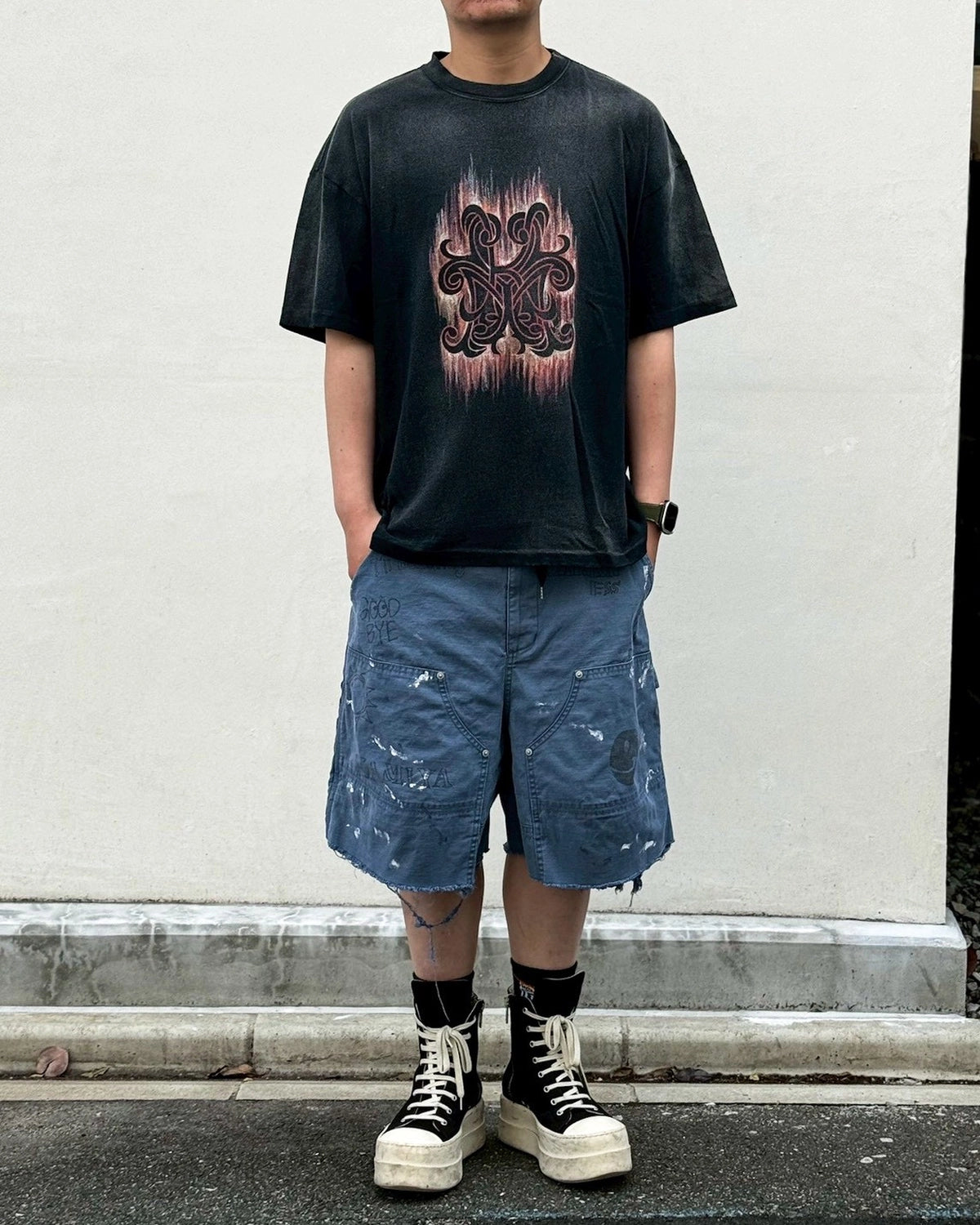 KAMIYA / "CRAYON FLAME" Distressed T-shirt (G16TS085)