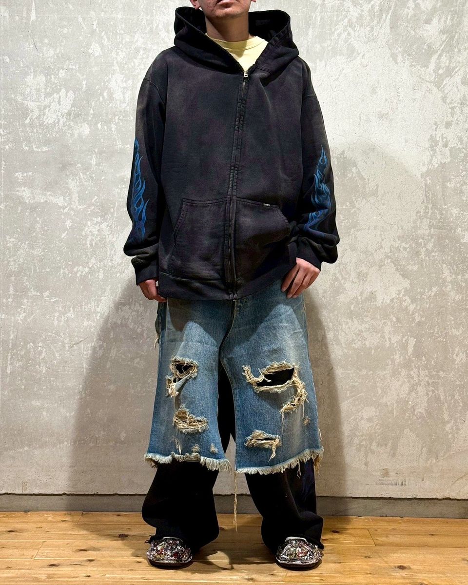 KAMIYA / “KMY-FIRE” Distressed Zip-up Hoodie (G14HD075)