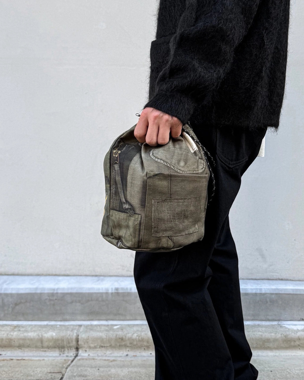 MIYAGIHIDETAKA -Rafu-  / Patchwork Drawstring Bag / KAHKI (MH061)