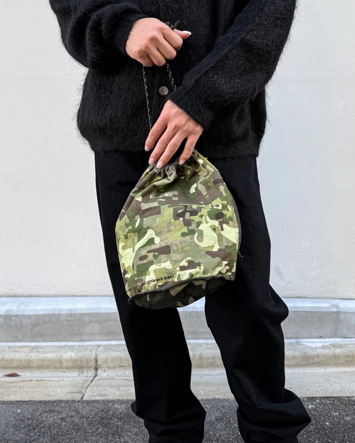 MIYAGIHIDETAKA -Rafu-  / Patchwork Drawstring Bag / KAHKI (MH061)