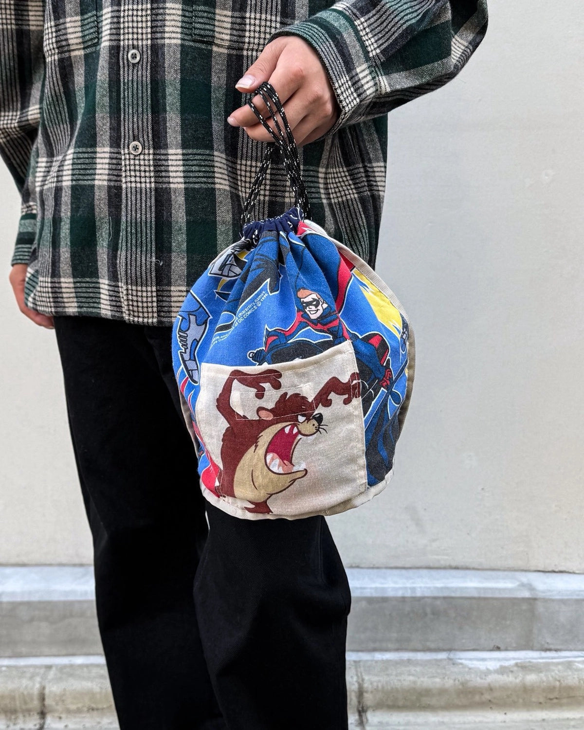 MIYAGIHIDETAKA -Rafu-  / Patchwork Drawstring Bag / NAVY (MH061)
