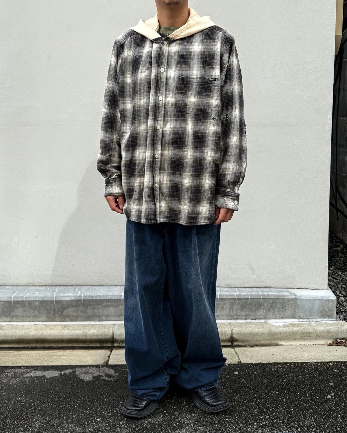 KAMIYA / OG Check Sun-Faded Hooded Shirt (G17SH039)
