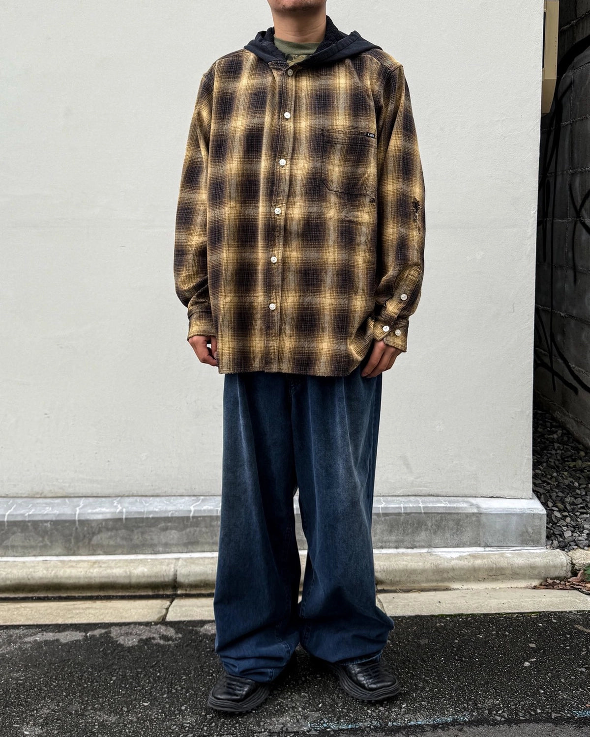KAMIYA / OG Check Sun-Faded Hooded Shirt (G17SH039)