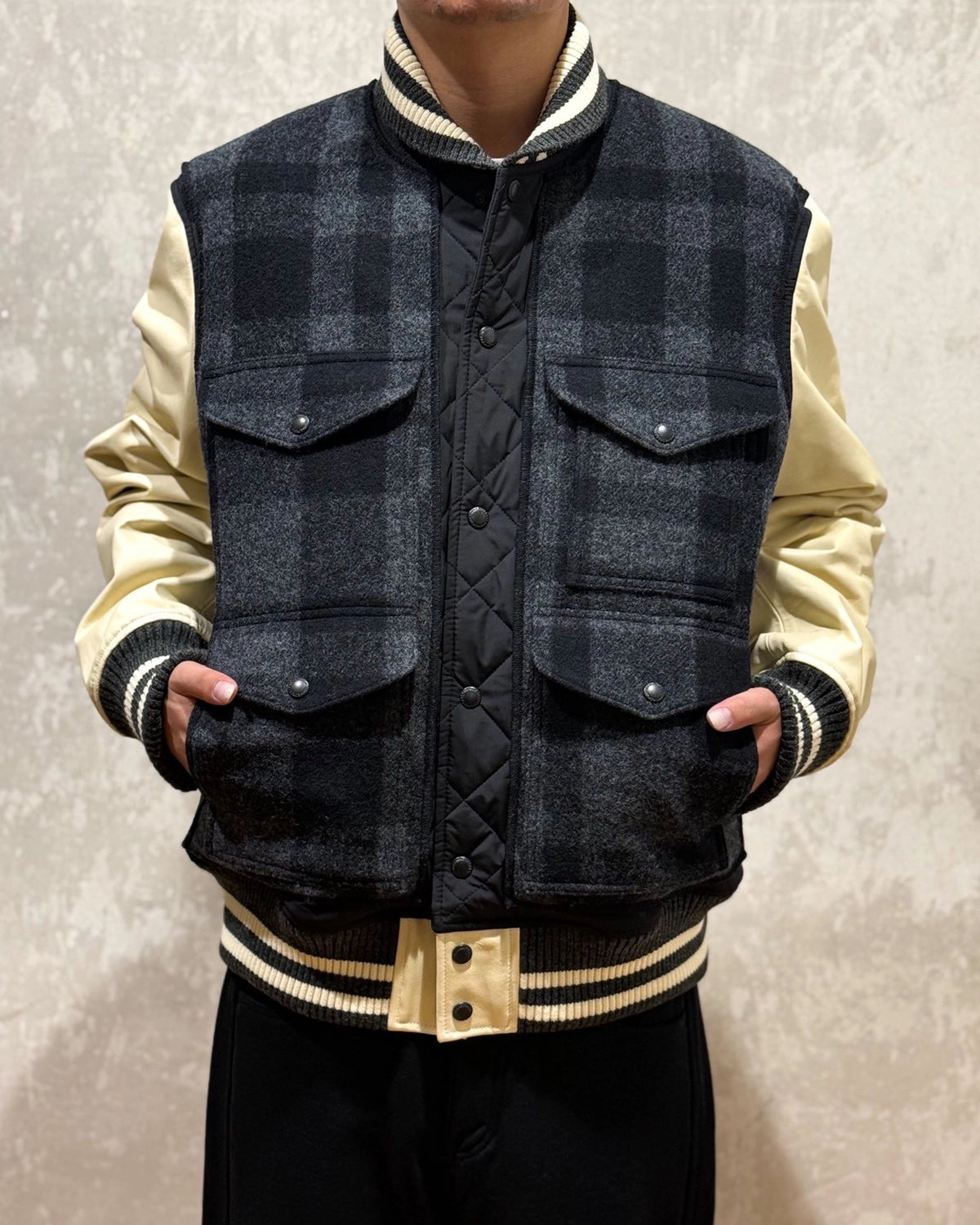 JUNYA WATANABE MAN x FILSON / マッキーノウール×エステルタフタキルティング×レザー FILSON Wネーム (WP-J030-051)