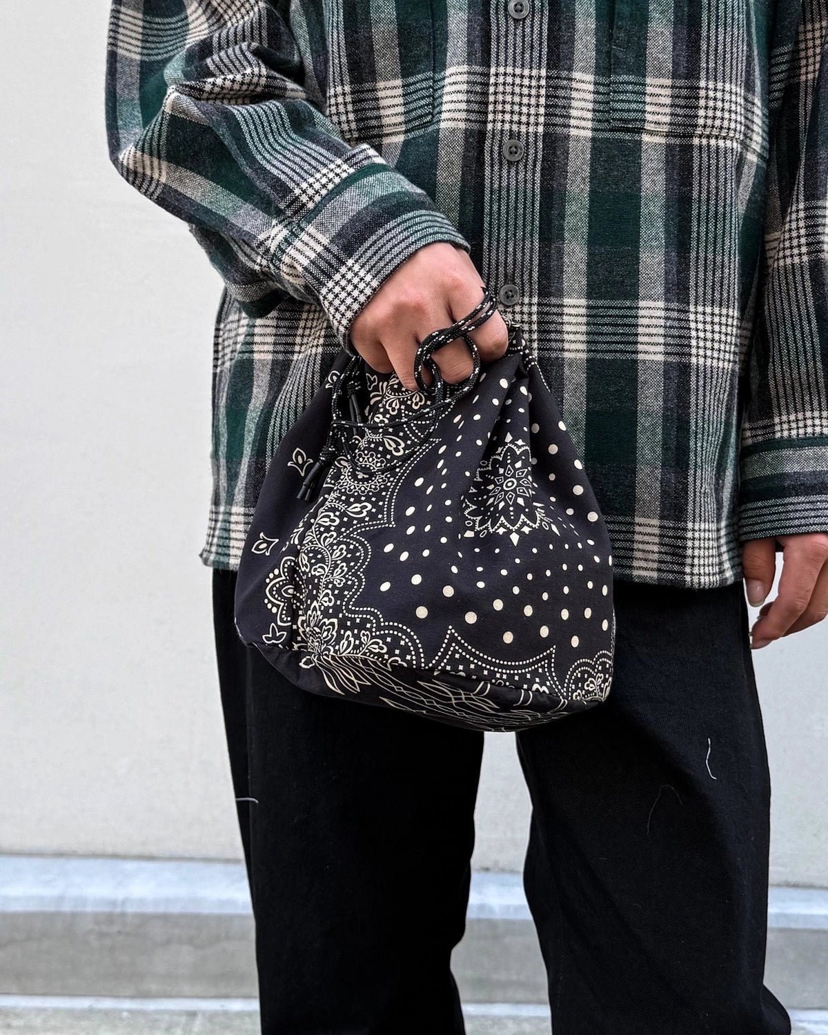 MIYAGIHIDETAKA -Rafu-  の Patchwork Drawstring Bag / BLACK-2 (MH061)