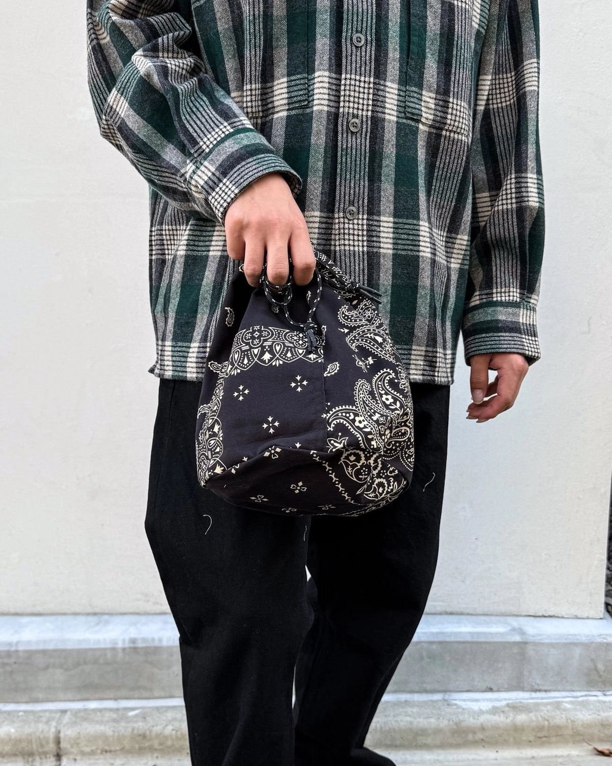 MIYAGIHIDETAKA -Rafu-  の Patchwork Drawstring Bag / BLACK-3 (MH061)