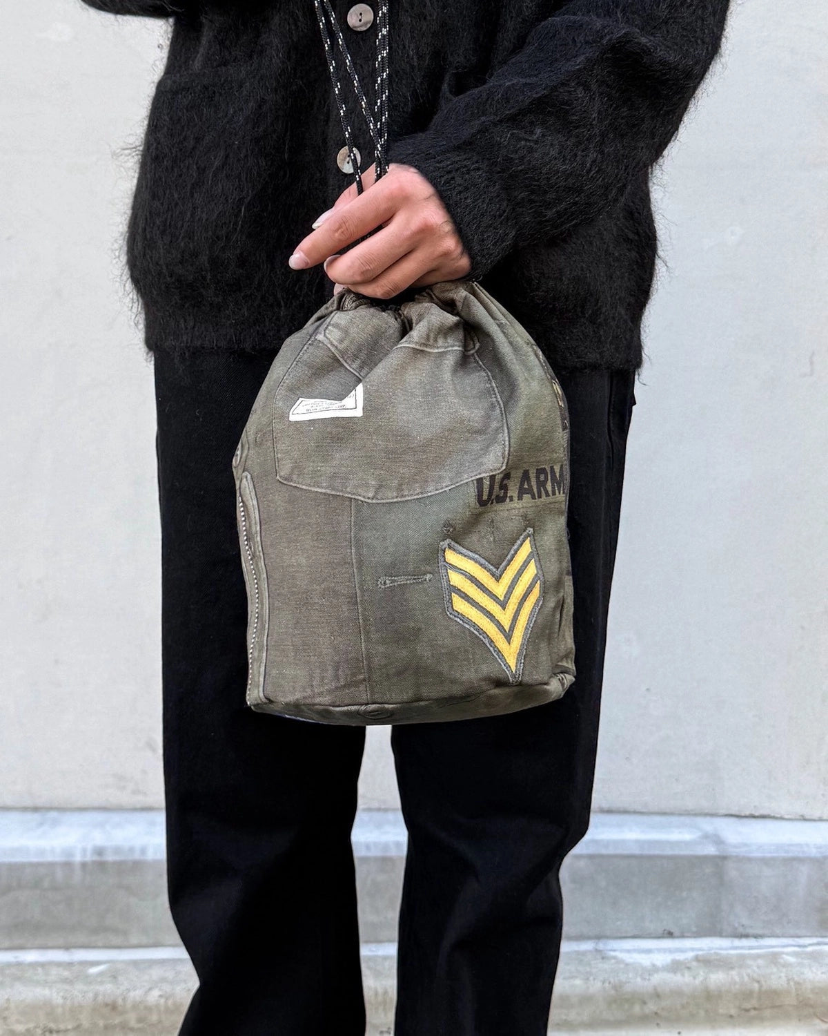 MIYAGIHIDETAKA -Rafu-  の Patchwork Drawstring Bag / KAHKI (MH061)