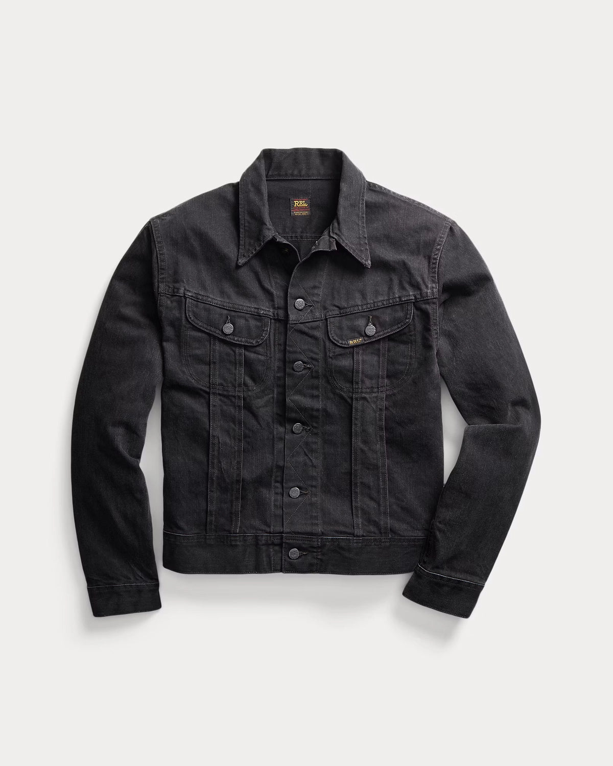 RRL の ウォーン イン ブラック デニム トラッカー ジャケット (MNRROTW16020085)