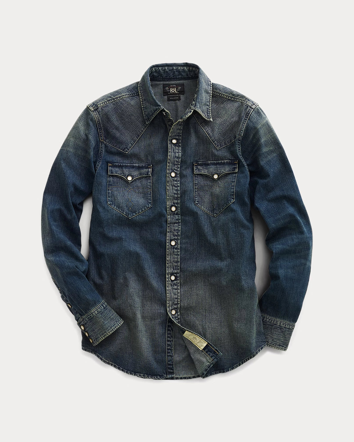 RRL の スリム フィット デニム ウエスタン シャツ (MNRRWOV16820009)