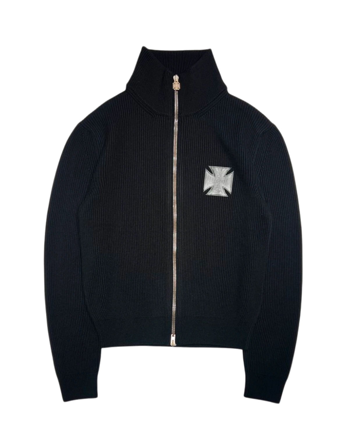VETEMENTS の LEATHER CROSS ZIP-UP SWEATER (ME76KN104B)