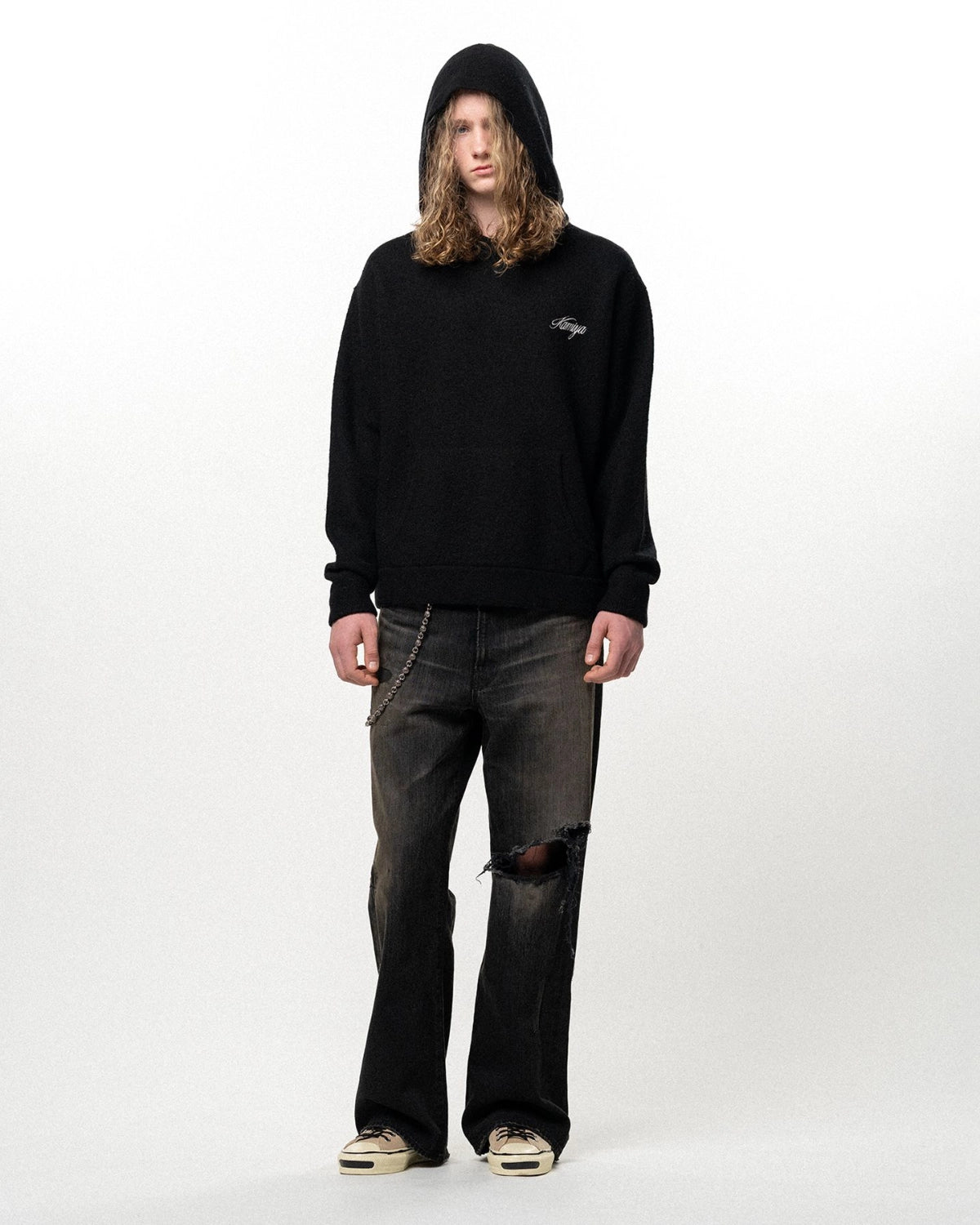 KAMIYA / Embroidered Felted Wool Knit Hoodie (G17HD083)