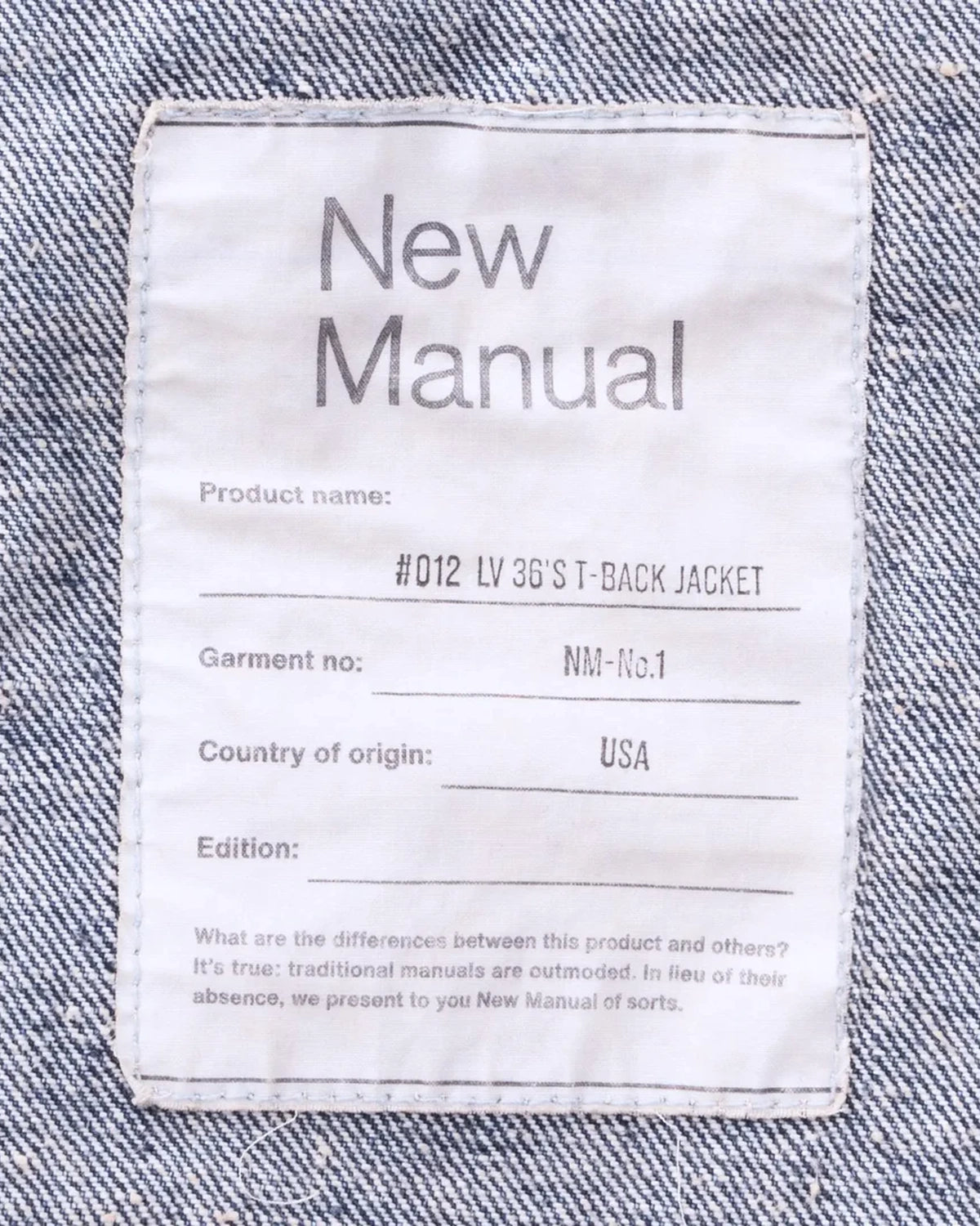 New Manual / #012 LV 36’s T-BACK JACKET ONE-WASHED